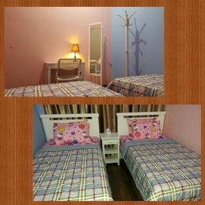 duas fotografias de um quarto com duas camas e uma cruz na parede em D' Festivo Condominium Residences em Ipoh