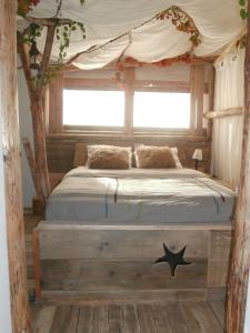 Bett mit Baldachin in einem Zimmer mit Fenster in der Unterkunft le Crusoé à l'étang d'Anty - appartement in Saint-Nabord
