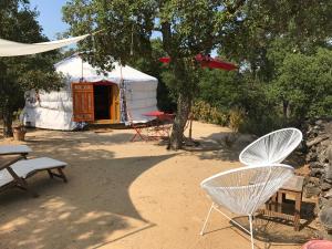 a yurt with a table and chairs in front of it at Au Soleil Mongol in Sorède