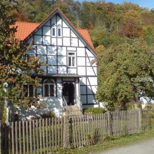 ein weißes Haus mit einem Zaun davor in der Unterkunft Waldhaus in Wernigerode