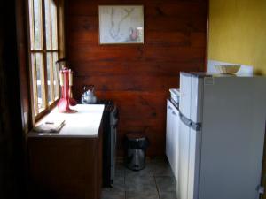 a kitchen with a white refrigerator and a window at Cabañas Lago Tyndall in Torres del Paine