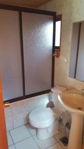 a bathroom with a toilet and a sink at Cabañas Orillas del Lago in Pucón