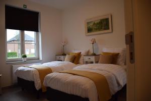 two twin beds in a bedroom with a window at Hotel Apartments Belgium 3 - HAB 3 in Geel