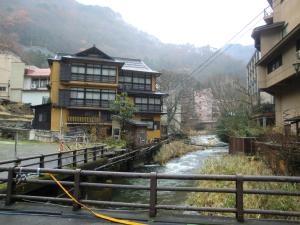 un río frente a un edificio junto a un río en Motoyu Arimaya, en Aizuwakamatsu