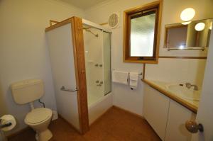 a bathroom with a shower and a toilet and a sink at 14 Steps in Marengo