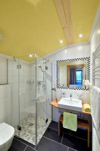 a bathroom with a shower and a sink and a toilet at Hotel Garni Bergwelt in See