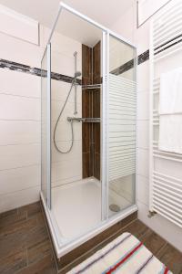 a shower with a glass door in a bathroom at Landhaus von Felde in Esens