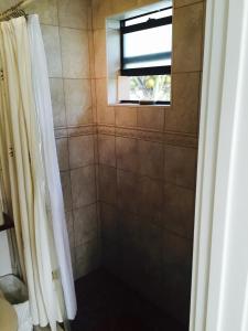 eine Dusche mit Duschvorhang und ein Fenster in der Unterkunft Hollywood Beach Suites Turks and Caicos in Whitby
