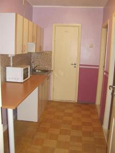 una cocina con microondas en una barra y una puerta en Economy Baltics Apartments - Uue Maailma 19, en Tallin