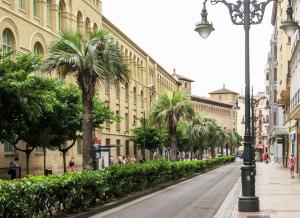 a city street with palm trees and buildings at Apartamento Vive Zaragoza in Zaragoza