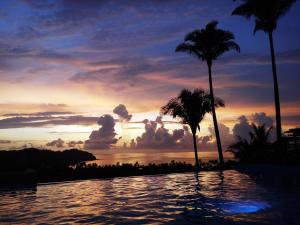 a pool with palm trees in front of a sunset at Villa Los Corales in Sayulita