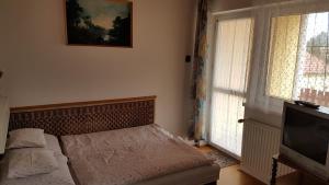salon z kanapą i telewizorem w obiekcie Orchidea Apartman w Hévízie