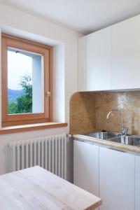 a kitchen with a sink and a window at COLVAGO CIMA DODICI – DOLOMITES NATIONAL PARK in Santa Giustina