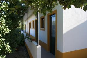 a hallway of a building with a door and trees at Quartos do Lagar in Golegã