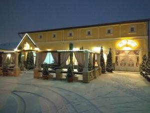 un gran edificio con luces de Navidad delante de él en Old Castle Hotel, en Leópolis