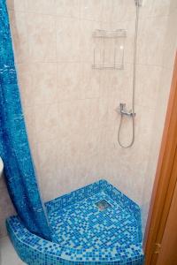 カザンにあるMini-Hotel ZOOのバスルーム(青いタイルフロアのシャワー付)