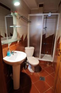 y baño con aseo, lavabo y ducha. en Hotel Premier Centar, en Bitola