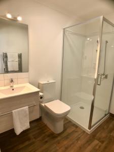 a bathroom with a shower and a toilet and a sink at Arthur's Pass Motel & Lodge in Arthur's Pass