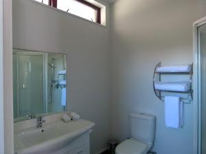 een badkamer met een wastafel, een toilet en een spiegel bij BeachView Motel in Greymouth