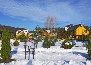 a yard with christmas trees and houses in the snow at Hotel and restaurant complex Skolmo in Klevanʼ