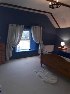 1 dormitorio con paredes azules y 1 cama con ventana en Sams cottage en Corderry