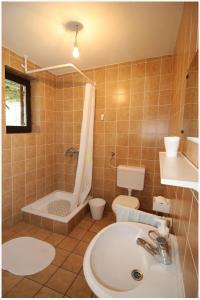 ein Bad mit einem Waschbecken, einem WC und einer Dusche in der Unterkunft Apartments L&M in Rogoznica