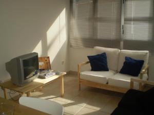 een woonkamer met een witte bank en een tv bij La Aldea in Calles