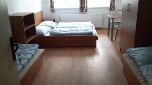 a living room with two beds and a table and a table at Turistická ubytovna Zámeček in Hojsova Stráž