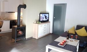 ein Wohnzimmer mit einem Kamin und einem TV in der Unterkunft Ferienhaus im Erzgebirge in Chemnitz