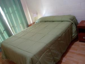 1 cama en un dormitorio con edredón verde en Cabañas Villa del Mirador, en Bialet Massé 15 fotos más