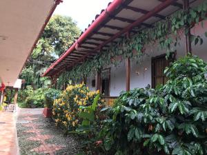 una casa con un jardín de flores y plantas en Finca Machangara, en Quimbaya