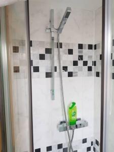 a shower with a green bottle of soap on a shelf at Modern ★★★★★ Top Floor Studio Apartment Getaway in London