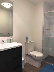 a bathroom with a toilet and a sink and a shower at Luxury Apt with 2BR plus 2Bath in Liverpool