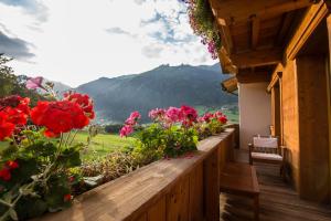 a balcony with flowers and a view of a mountain at Untersillerhof in Neustift im Stubaital