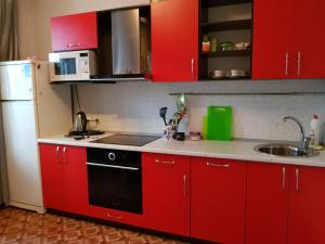 スタールイ・オスコルにあるКвартира на Степном с панорамными окнамиの赤いキッチン(赤いキャビネット、シンク付)