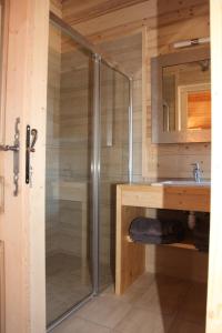 een glazen douche in een badkamer met een wastafel bij L Aube Claire in Morzine +26 foto's