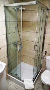 拉齊布日的住宿－Dom Sportowca，设有带卫生间的浴室内的淋浴间