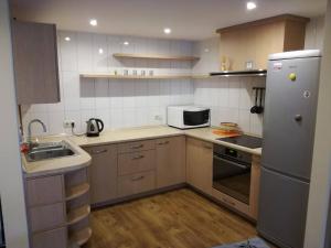 a small kitchen with a sink and a refrigerator at Apartamentai Klonio g. in Druskininkai