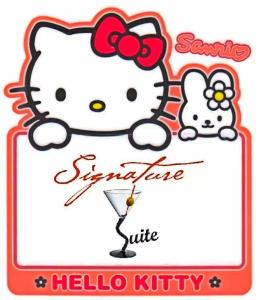 um sinal do restaurante Hello Kitty com um gato e uma bebida em Hello Kitty Signature Suite em Sandakan