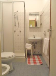 a bathroom with a shower and a toilet and a sink at Albergo Ristorante Cima I Pra' in Ponte nellʼAlpi