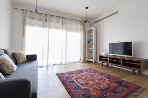 uma sala de estar com um sofá e uma televisão de ecrã plano em Haneviim Apartment In The Heart Of Jerusalem em Jerusalém