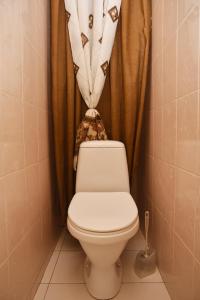 y baño con aseo y cortina de ducha. en Квартира по проспекту Героев Сталинграда, 13 (Оболонь), en Kiev