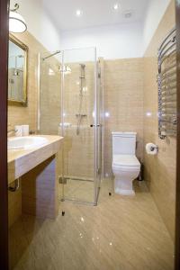 uma casa de banho com um chuveiro, um WC e um lavatório. em Hotel Zamek Chałupki em Ruderswald
