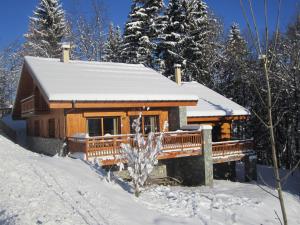una cabaña de madera en la nieve con nieve en Chalet Les Jumelles, en Les Allues