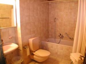 a bathroom with a toilet and a tub and a sink at Haus Arbgrat in Zermatt