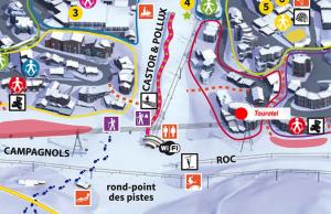 a map of a ski resort with roads and attractions at Residence Tourotel in Val Thorens