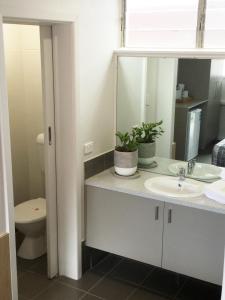 ein Badezimmer mit einem Waschbecken, einem Spiegel und einem WC in der Unterkunft Northside Hotel Albury in Lavington