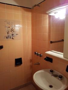 a bathroom with a sink and a mirror at Hotel Amancay in Mar de Ajó