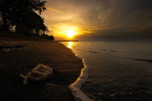 a sunset on a beach with the tide coming in at Rinjani Beach Eco Resort in Tanjung