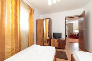 カリマネシュティにあるCasa ARBOのベッドルーム(ベッド1台、テレビ、鏡付)